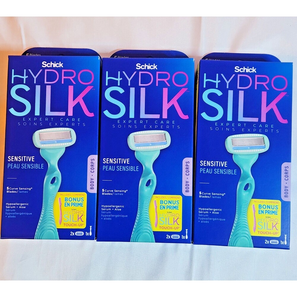 3 Pack Schick Hydro Silk Sensitive 5 Blade Razor + Refills Bonus Touch Up New